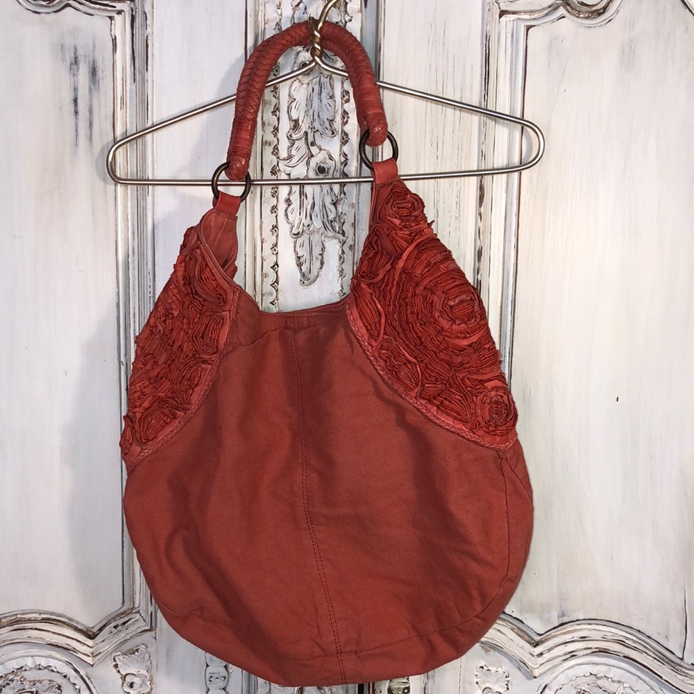 Miss Albright Boho Style Terra Cotta Leather and Canvas Hobo Bag